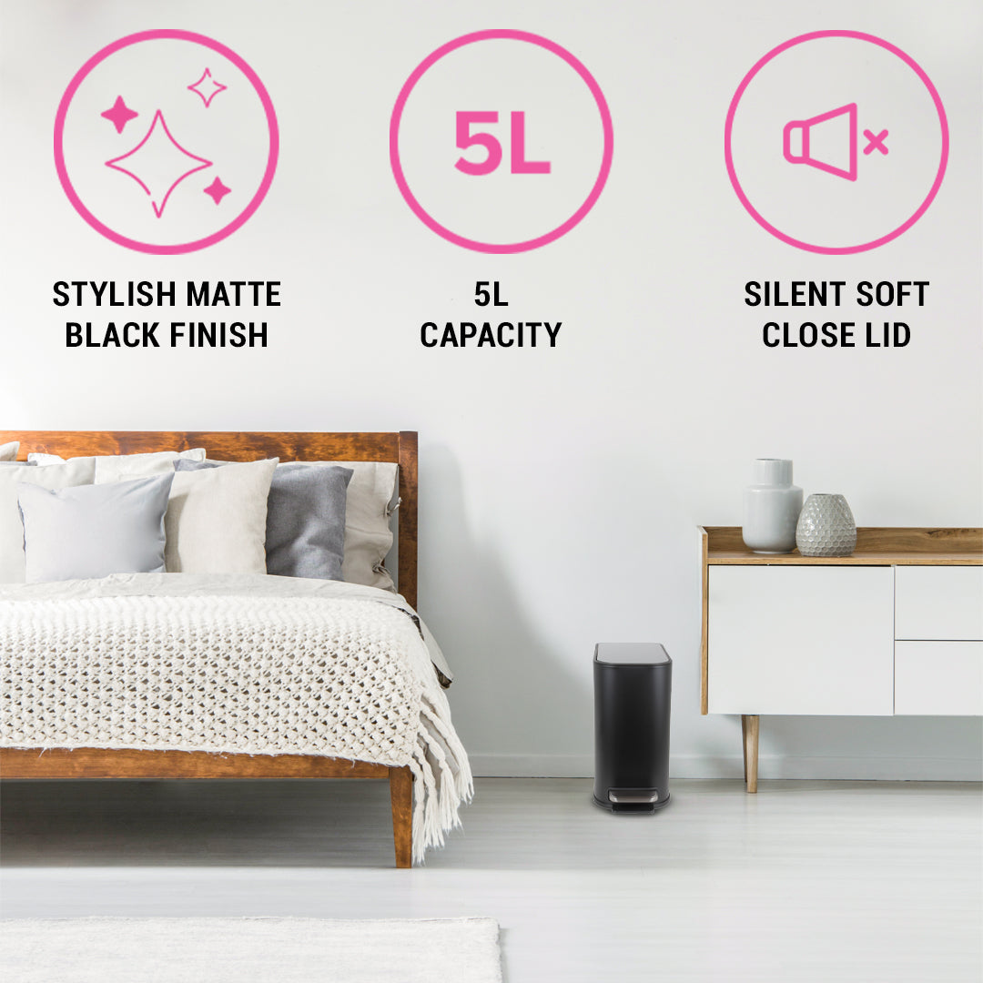 5L Slimline Rectangle Steel Pedal Bin - Matte Black - Trento